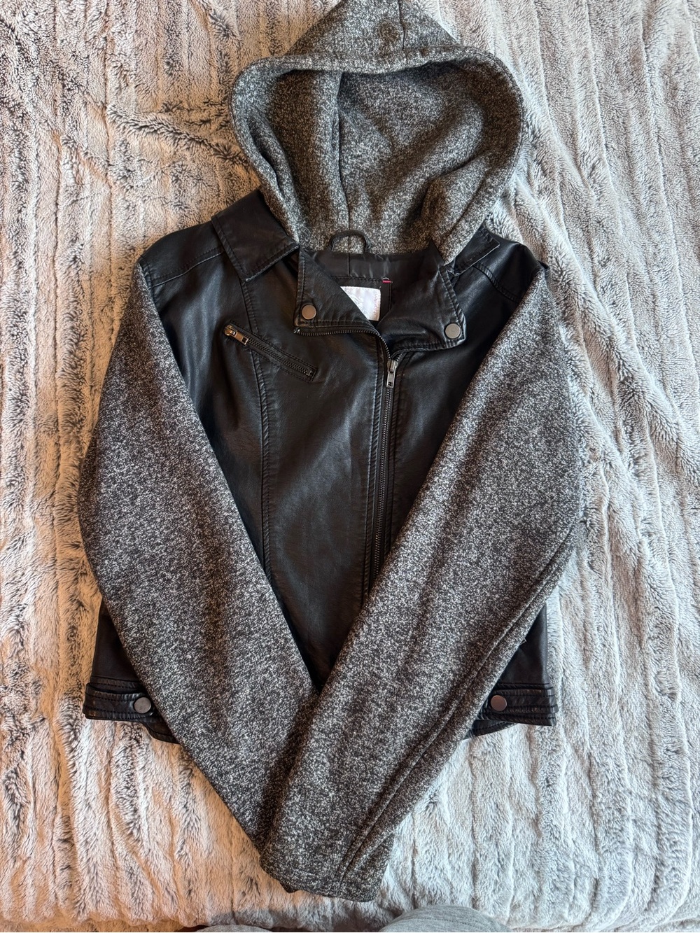 Xhilaration Black Faux Leather Jacket with Gray Knit Hood